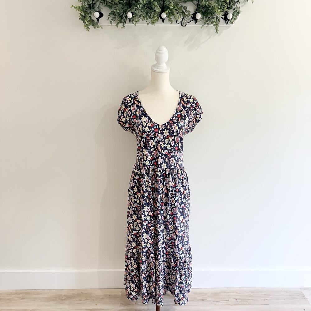 Boden Voop Cotton Tiered Midi Dress Navy Kaleidoscopic Floral Flower Size 6R